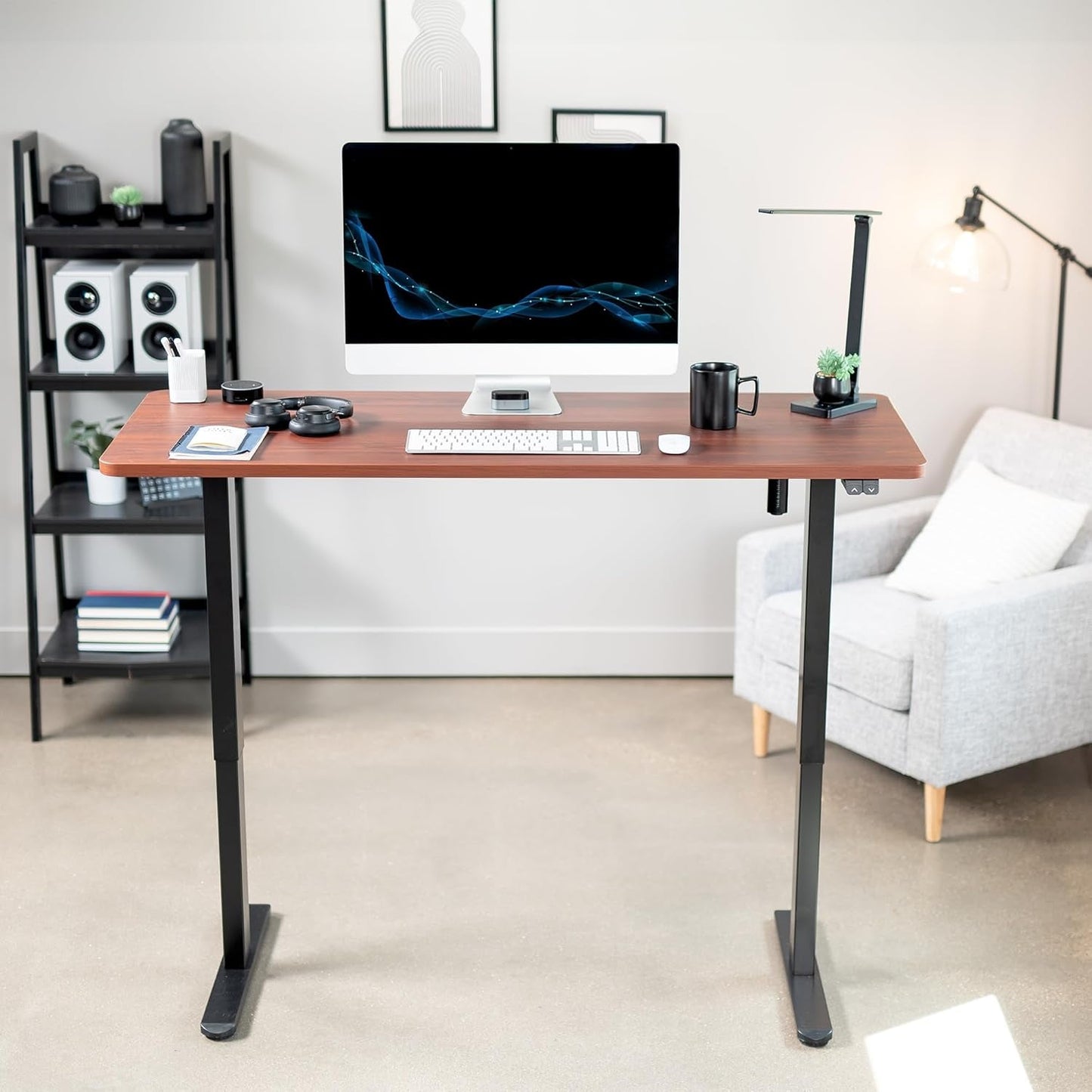 60 Inch Electric Height Adjustable Desk Dark Walnut Top Black Frame