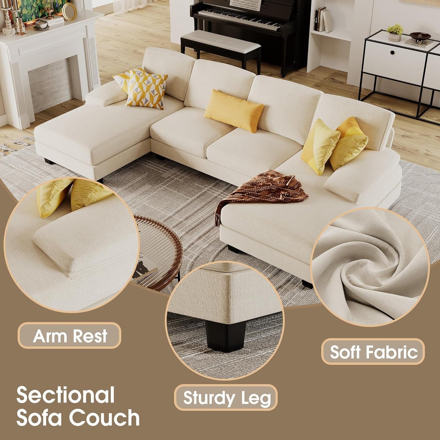 White Linen Sectional Sofa U Shaped 4 Seat Chaise Couch