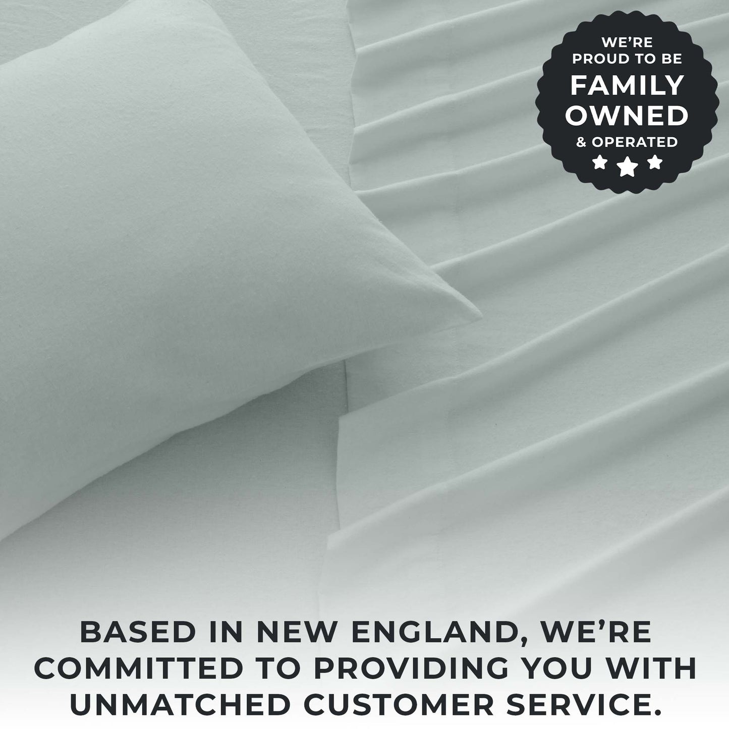 Gray fabric with a family-owned and operated badge and text about customer service.