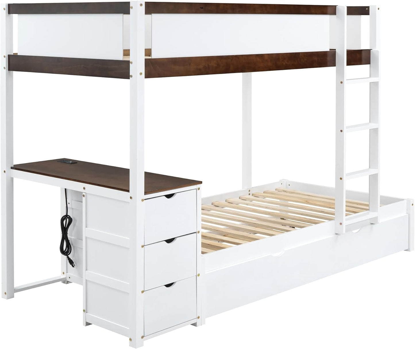 Twin Over Twin Bunk Bed With Desk USB Ports White Walnut
