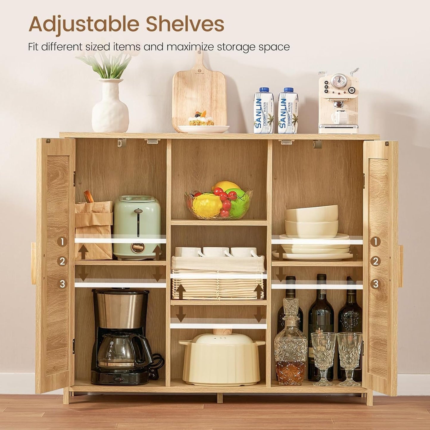 Rattan Storage Cabinet With 4 Adjustable Shelves Natural
