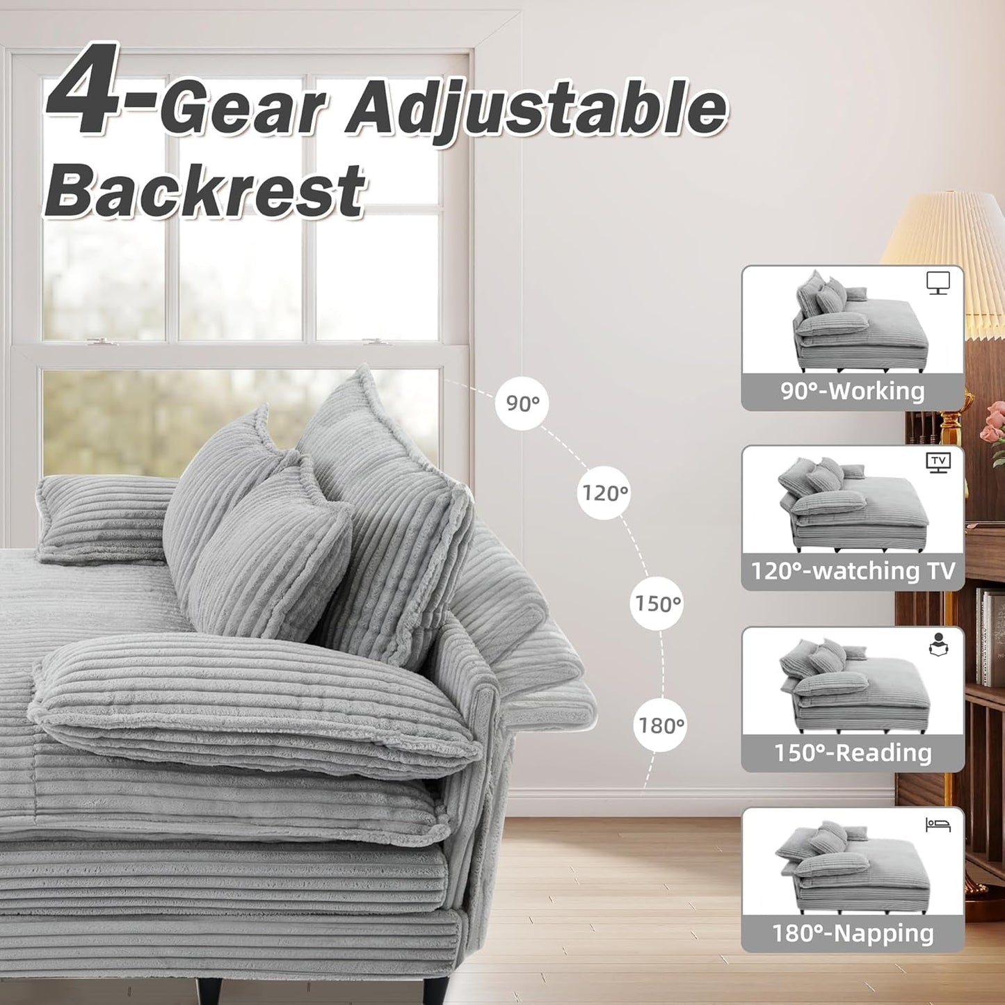 Cream Gray Oversized Chaise Lounge Adjustable Backrest