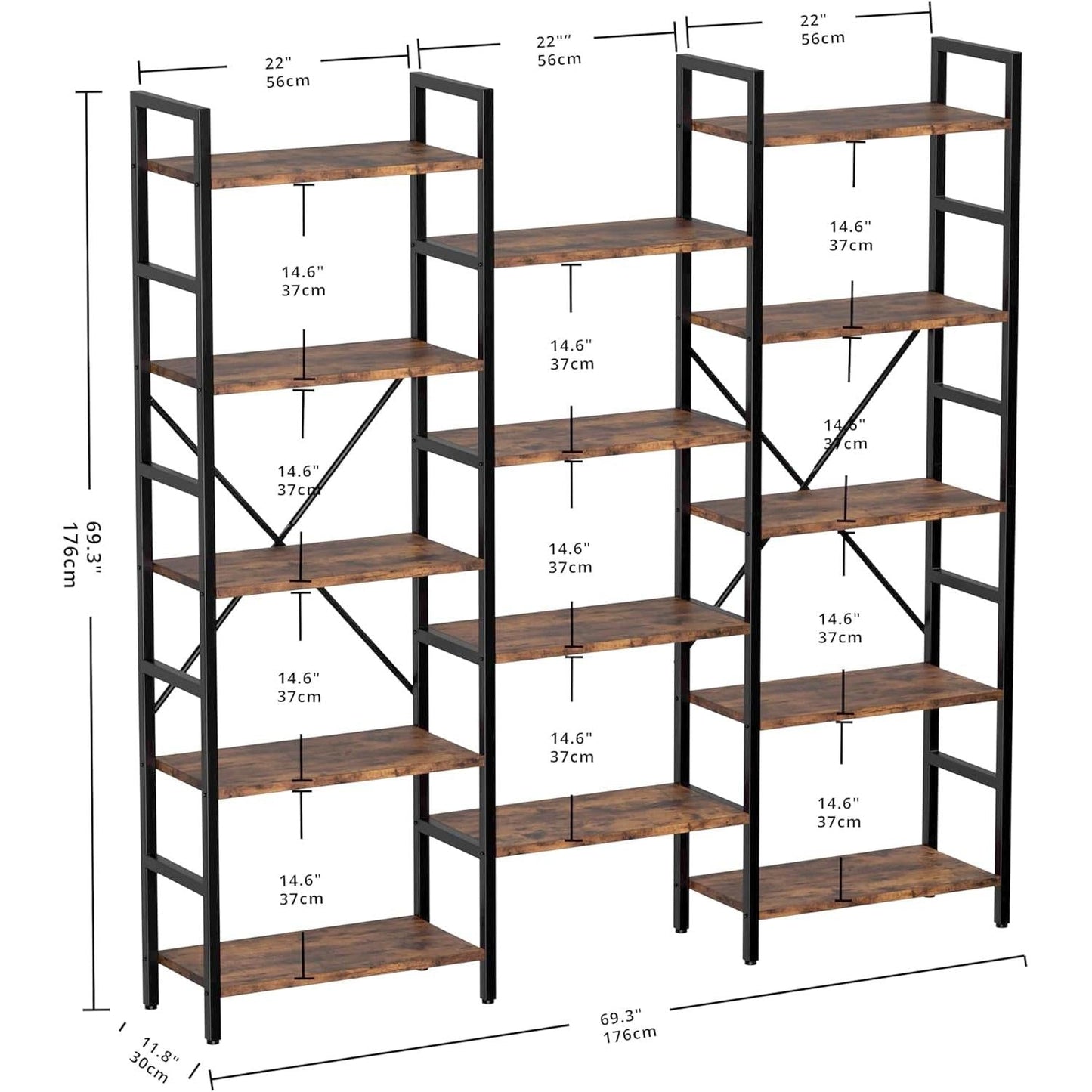Triple Wide 5 Tier Industrial Bookshelf Matte Black