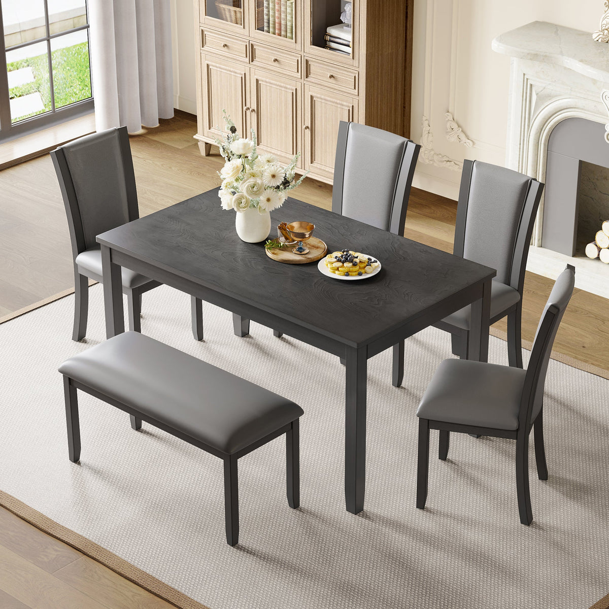 6-Piece Dining Table Set with Bench and Chairs