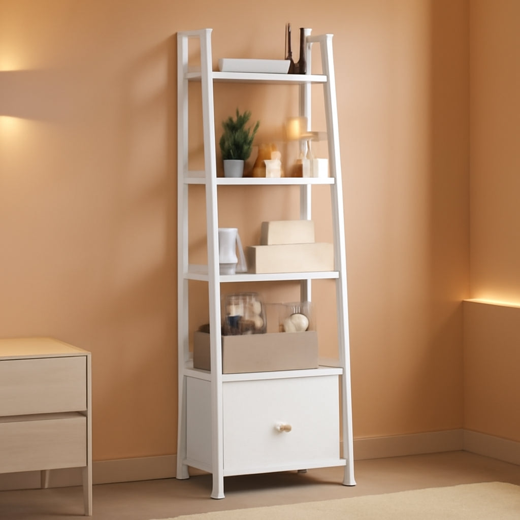 5 Tier White Ladder Shelf With Removable Fabric Drawer
