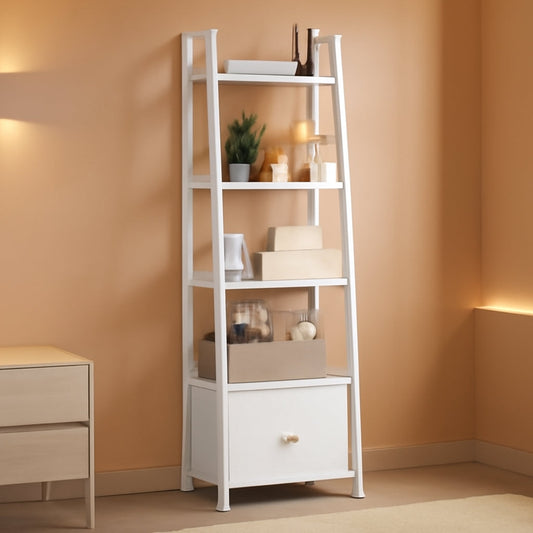 5 Tier White Ladder Shelf With Removable Fabric Drawer