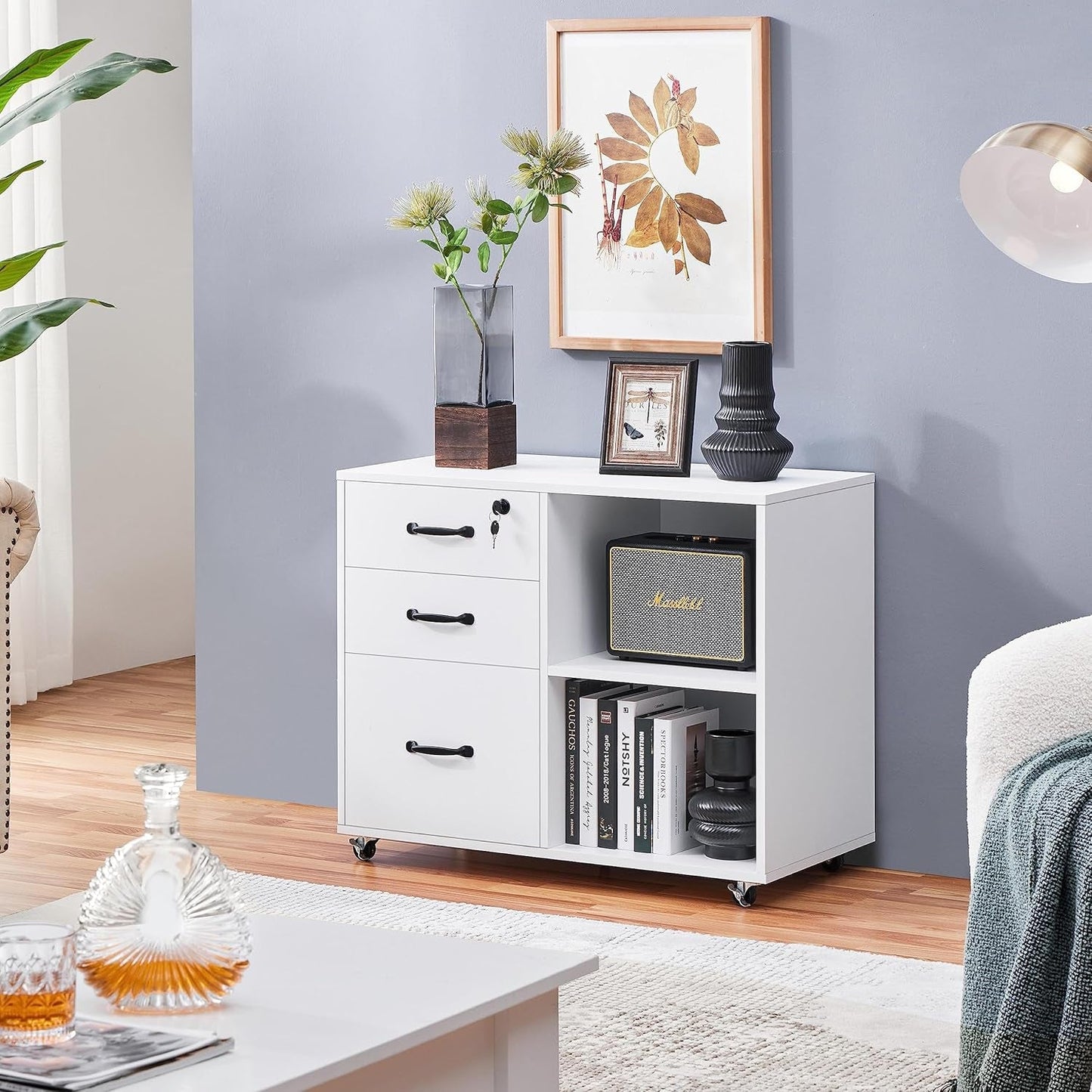 3 Drawer File Cabinet White Mobile Lateral Filing Cabinet With Lockable Top Drawer And Open Shelves For Home Office
