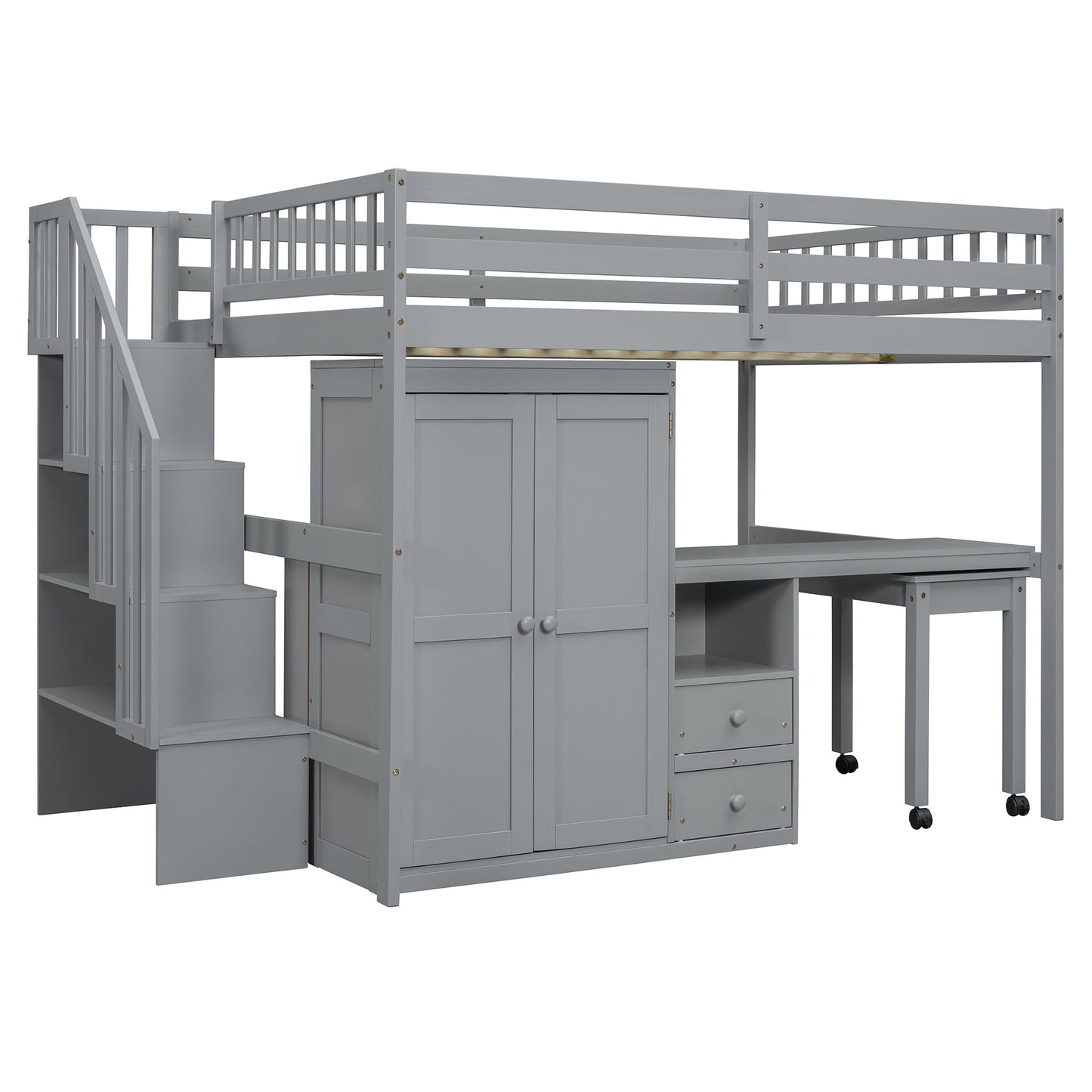 Full Size Loft Bed with Stairs, Bookshelf, Drawers, Desk & Wardrobe – Space-Saving Multifunctional Furniture for Kids & Teens-Gray