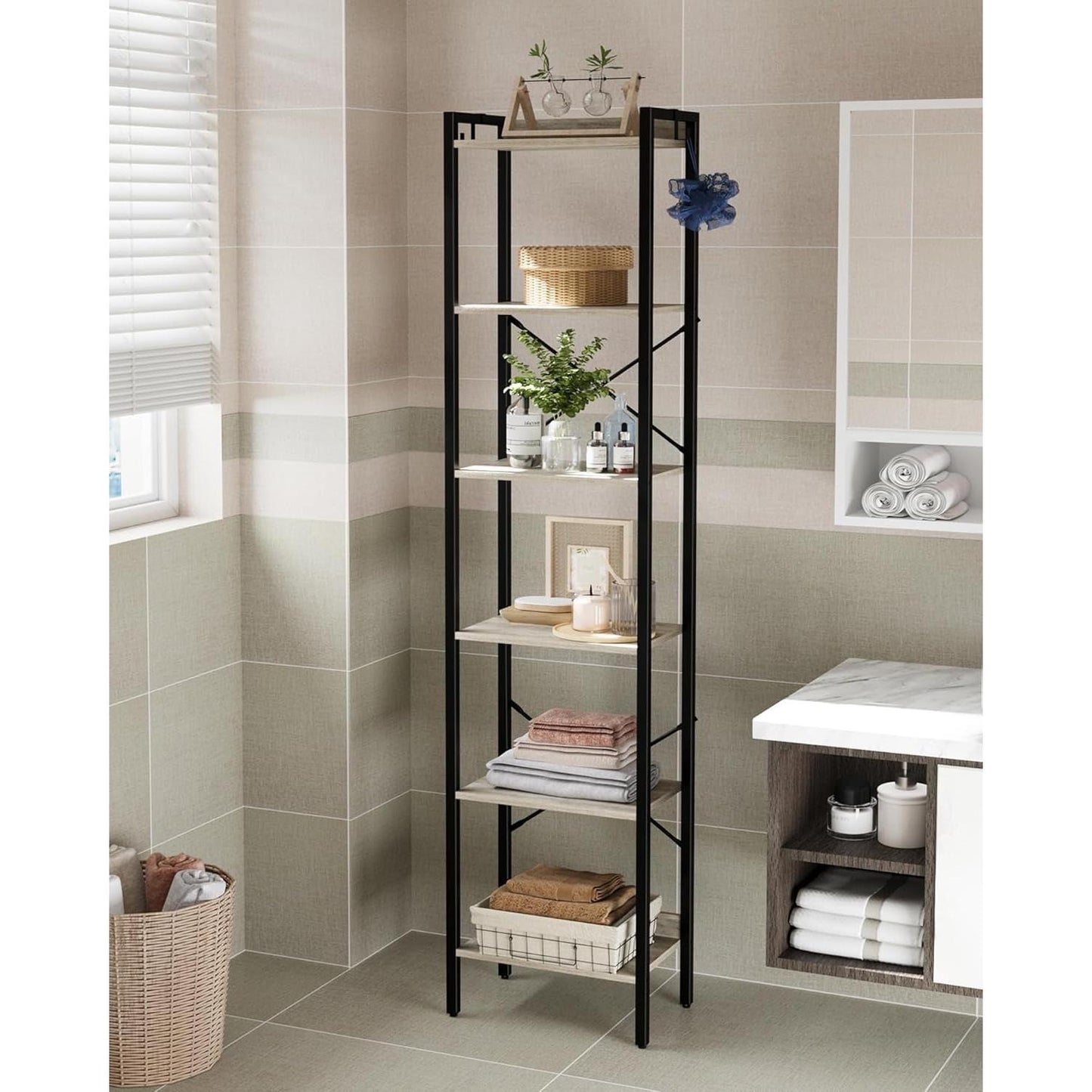 Greige Six Tier Narrow Bookshelf With Two Hooks Industrial