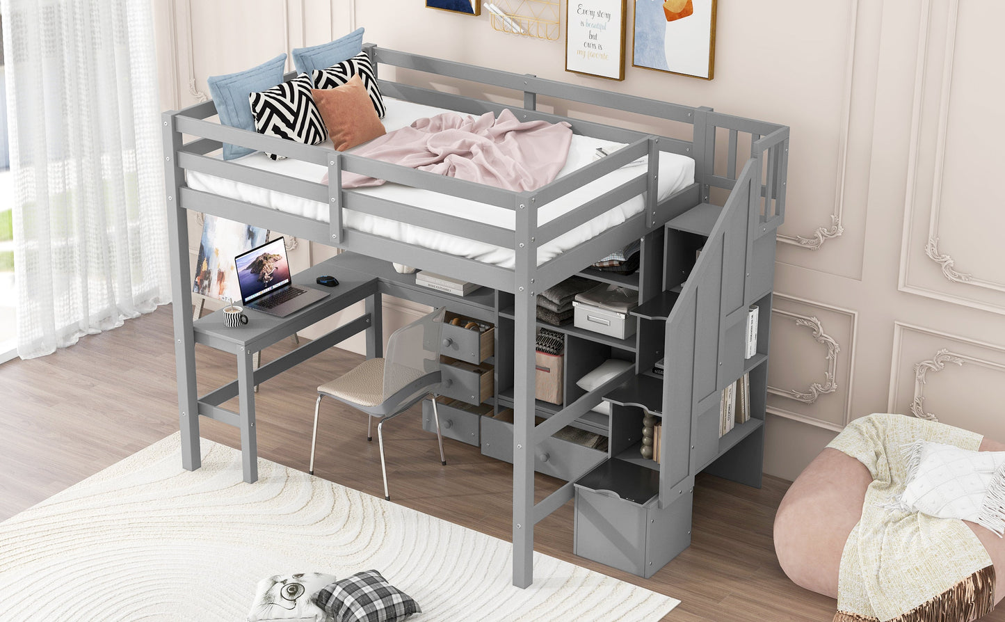 Full Size Loft Bed with L-Shaped Desk and Drawers