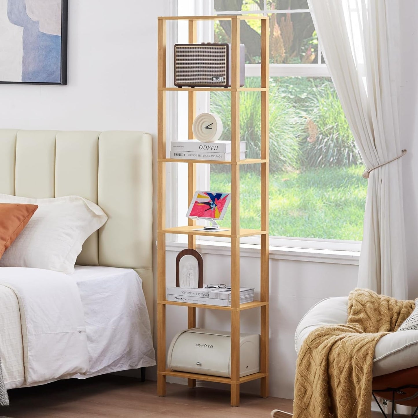 66In Tall 6 Tier Narrow Wood Bookcase Slim Shelf Living Room