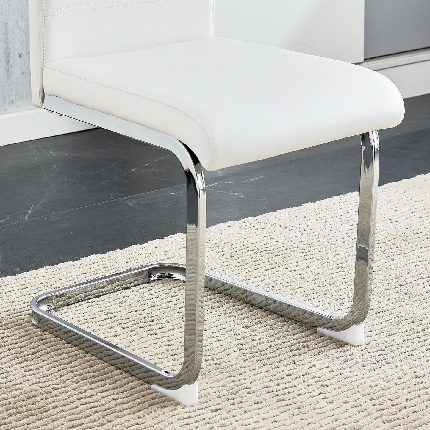 White PU Leather Dining Chair Set High Back Upholstered