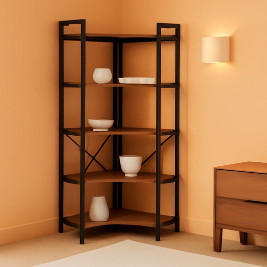 L Shaped Corner Bookshelf 49 Inch Rustic Brown Wood Metal Frame