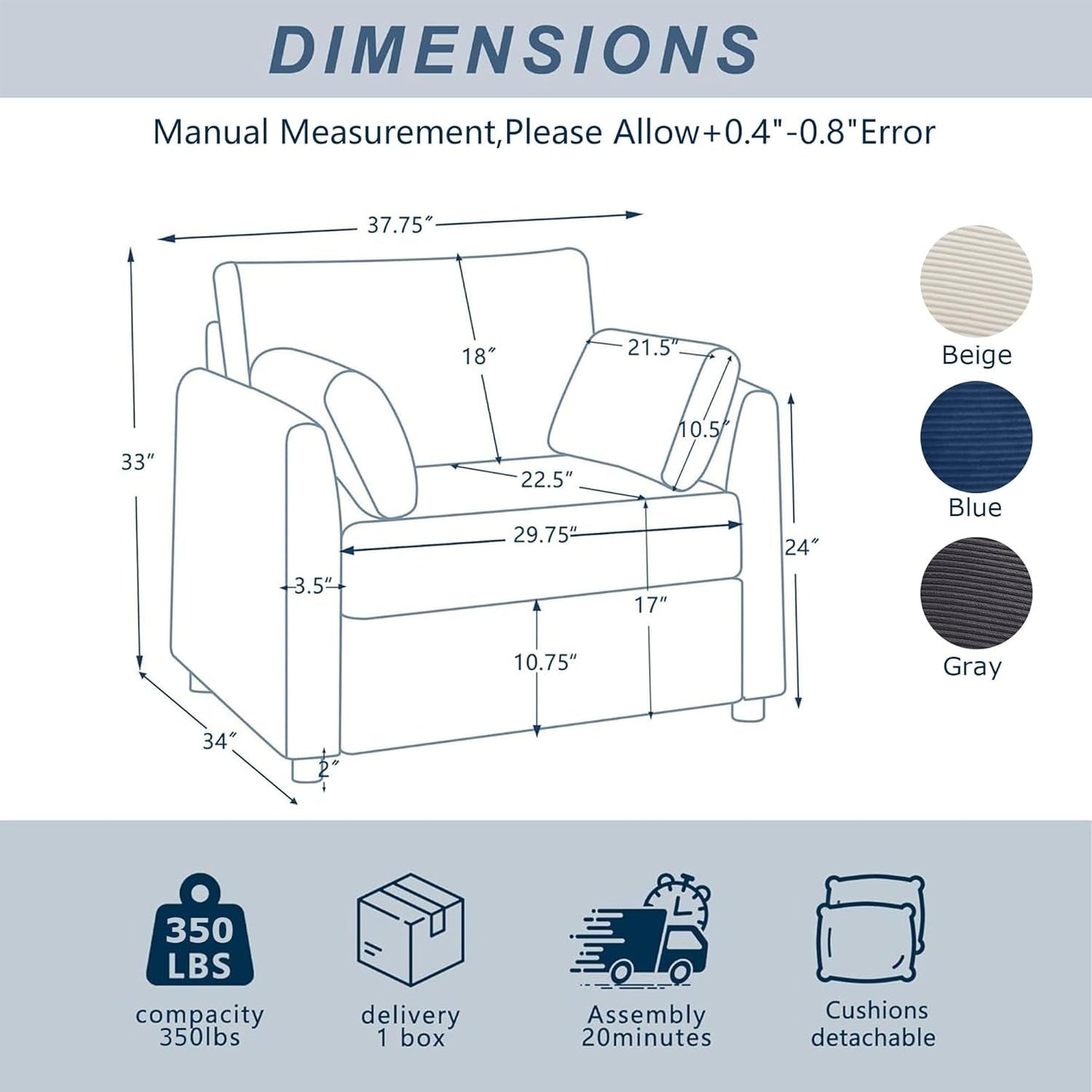 Beige 38 Inch Modern Upholstered Accent Reading Armchair