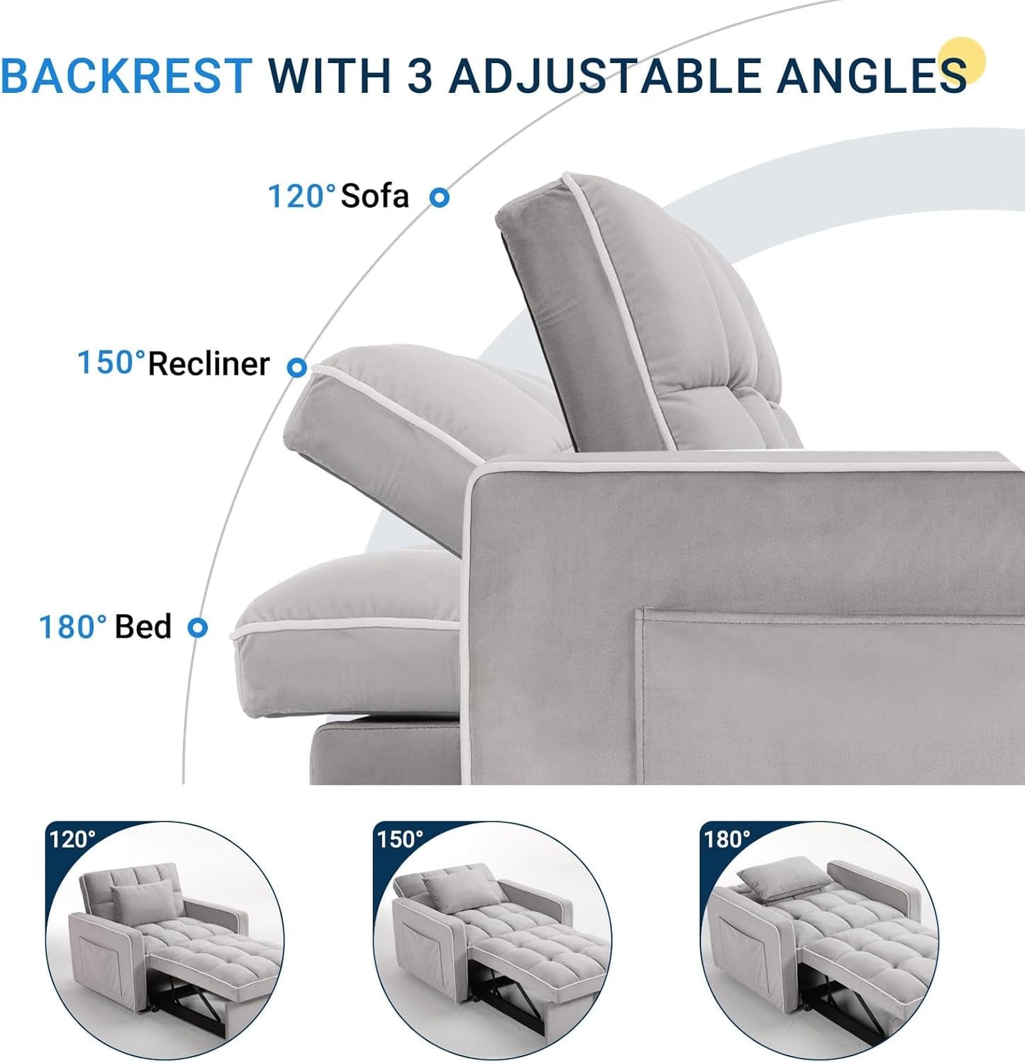 Grey Sleeper Sofa Bed Chair Three Level Adjustable Backrest