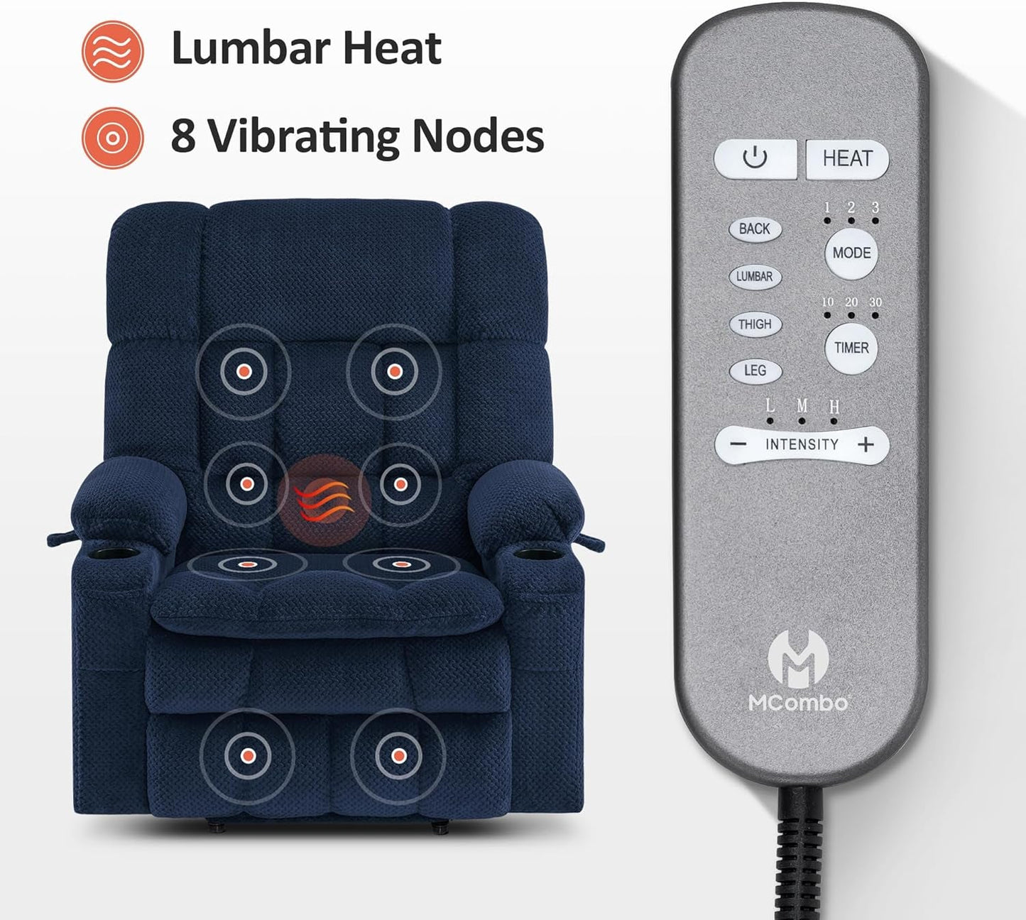 Large Wide Navy Blue Dual Motor Lift Recliner Massage And Heat