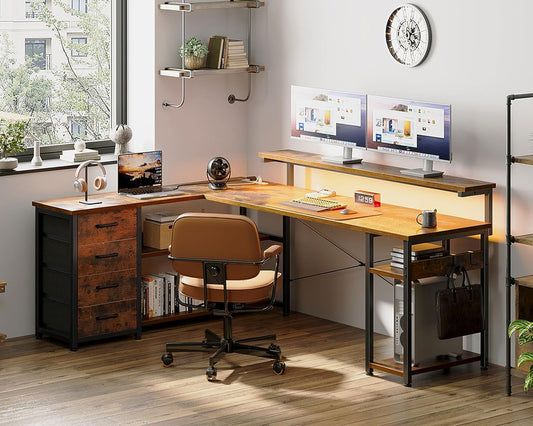61 Inch L Shaped Desk With Power Outlets And LED Lights