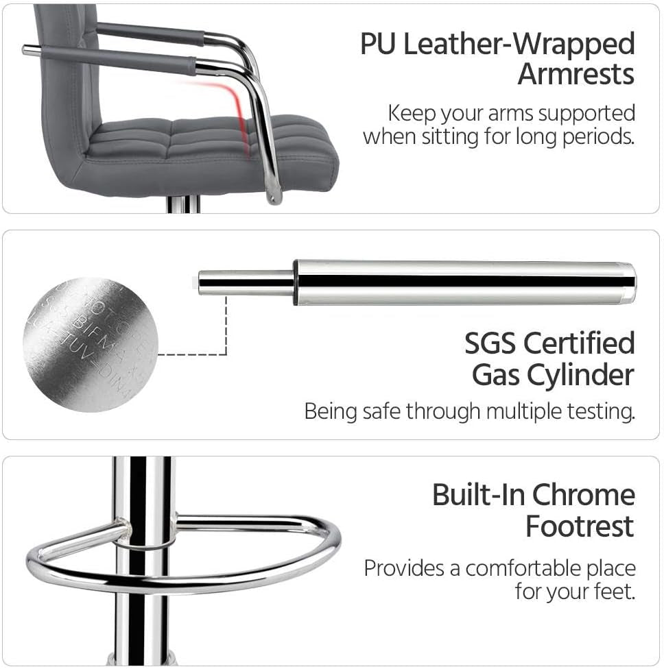 Grey Adjustable PU Leather Swivel Bar Stools Set Of 2