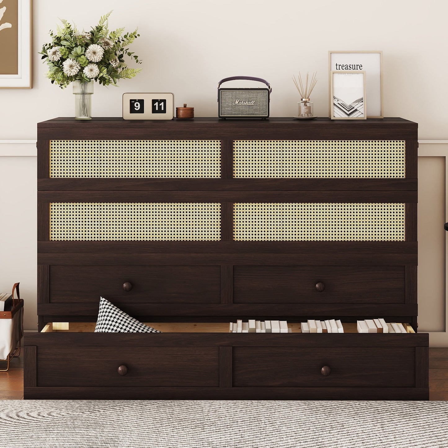 Queen Size Murphy Bed, Pine Wood Cabinet Bed with Rattan Decoration and Storage Drawer,Espresso