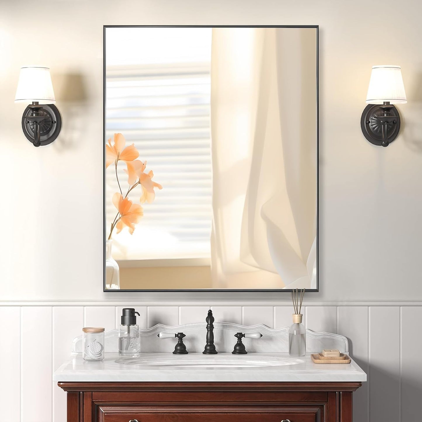 24X32 Inch Black Aluminum Frame Wall Mirror For Bathroom Vanity Horizontal Or Vertical Mount