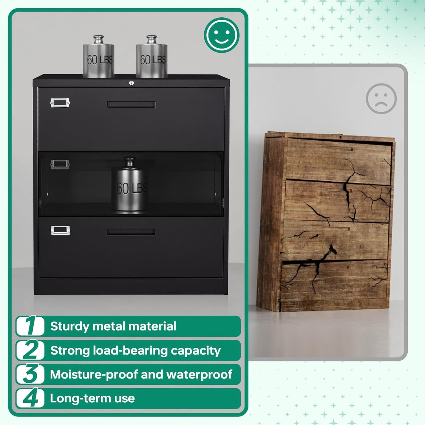 Lateral 3 Drawer File Cabinet With Lock Black Office