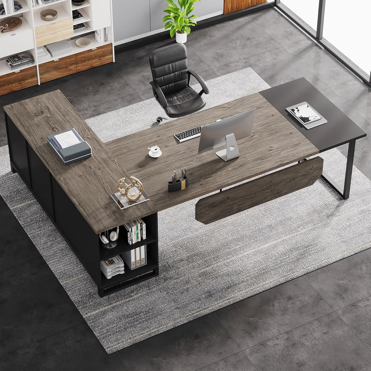 70.8" L-Shaped Executive Desk with 55" File Cabinet