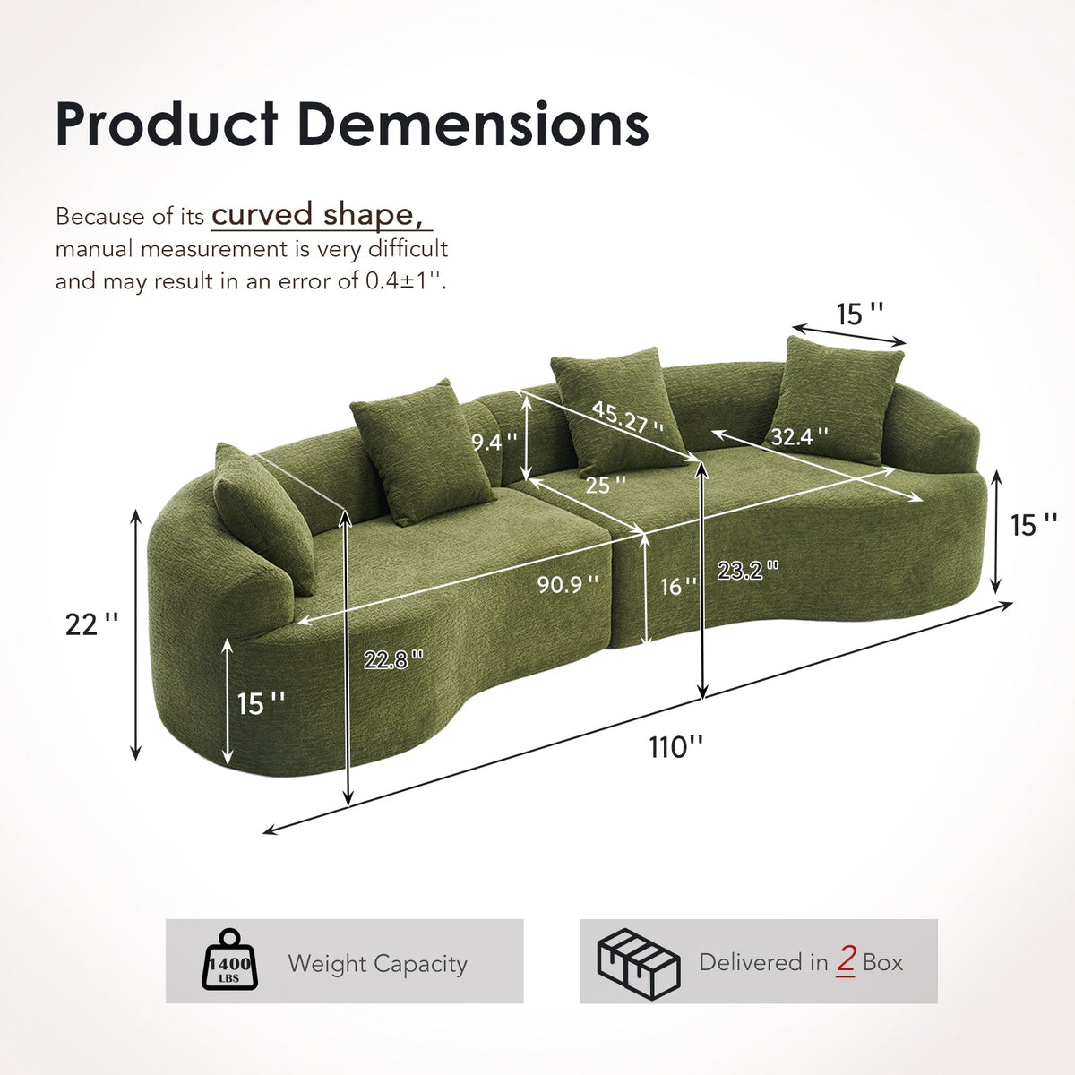 Curved Boneless Sofa, Compression Modular 110'' Sectional
