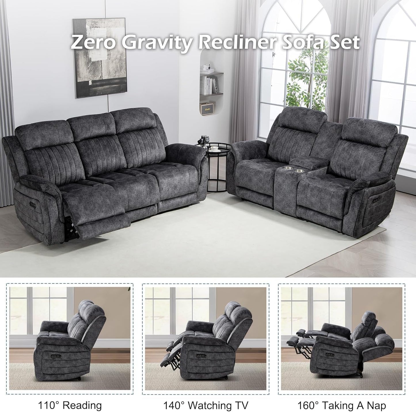 Grey Zero Gravity Reclining Sofa Set With Adjustable Headrest