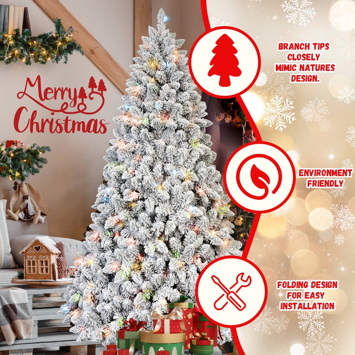 7FT Flocked Christmas Tree with 500 Colorful UL Lights