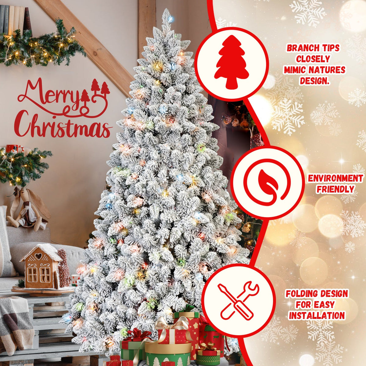 5FT Flocked Christmas Tree with 300 Colorful Lights