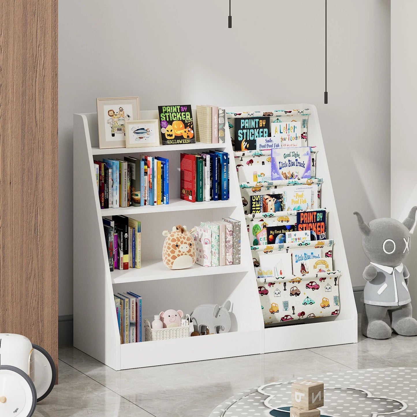 Wooden 4 Tier Sling Storage Children'S Bookshelf for Kids Room Living Room