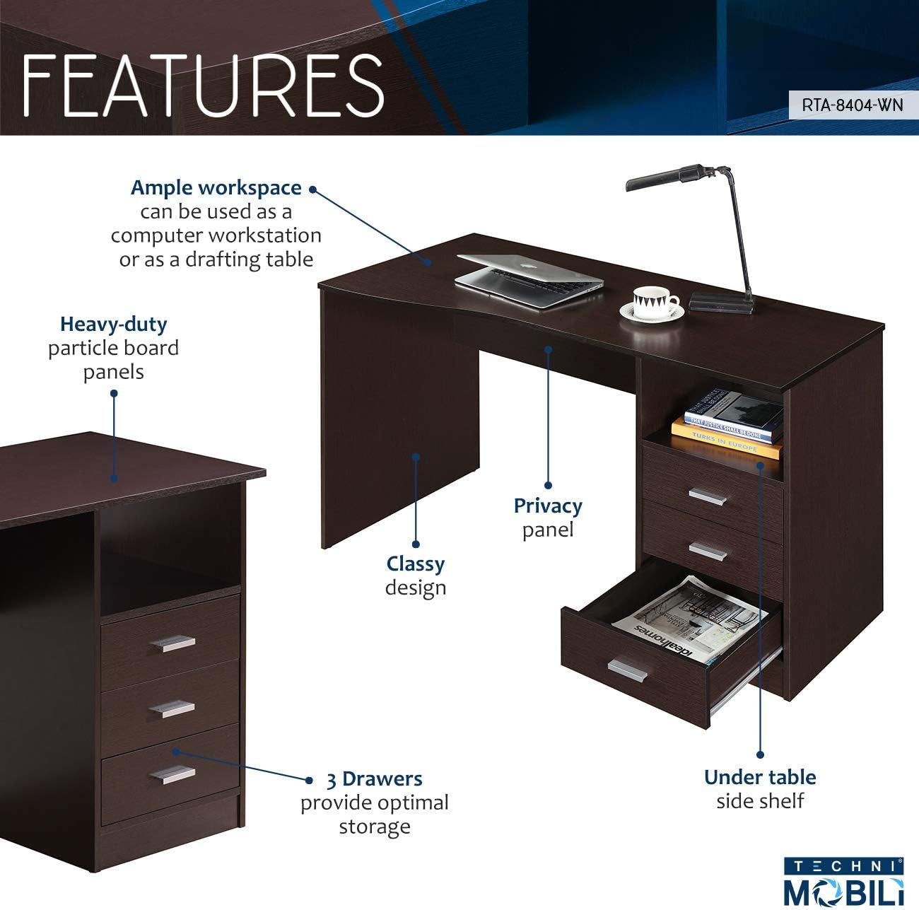 Wenge Computer Desk With 3 Drawers And Side Storage Shelf