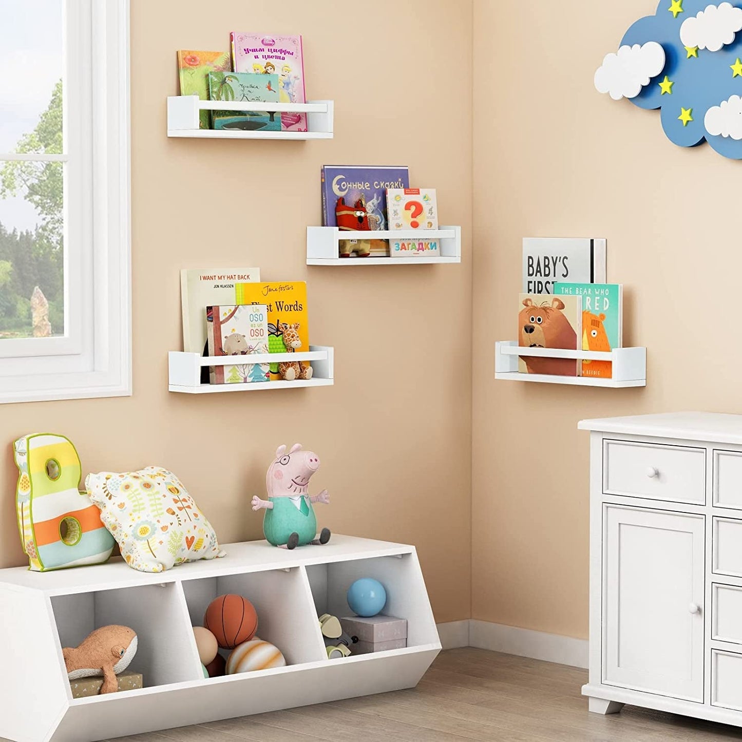 Floating Nursery Wall Shelves Set of 4 White Bookshelves