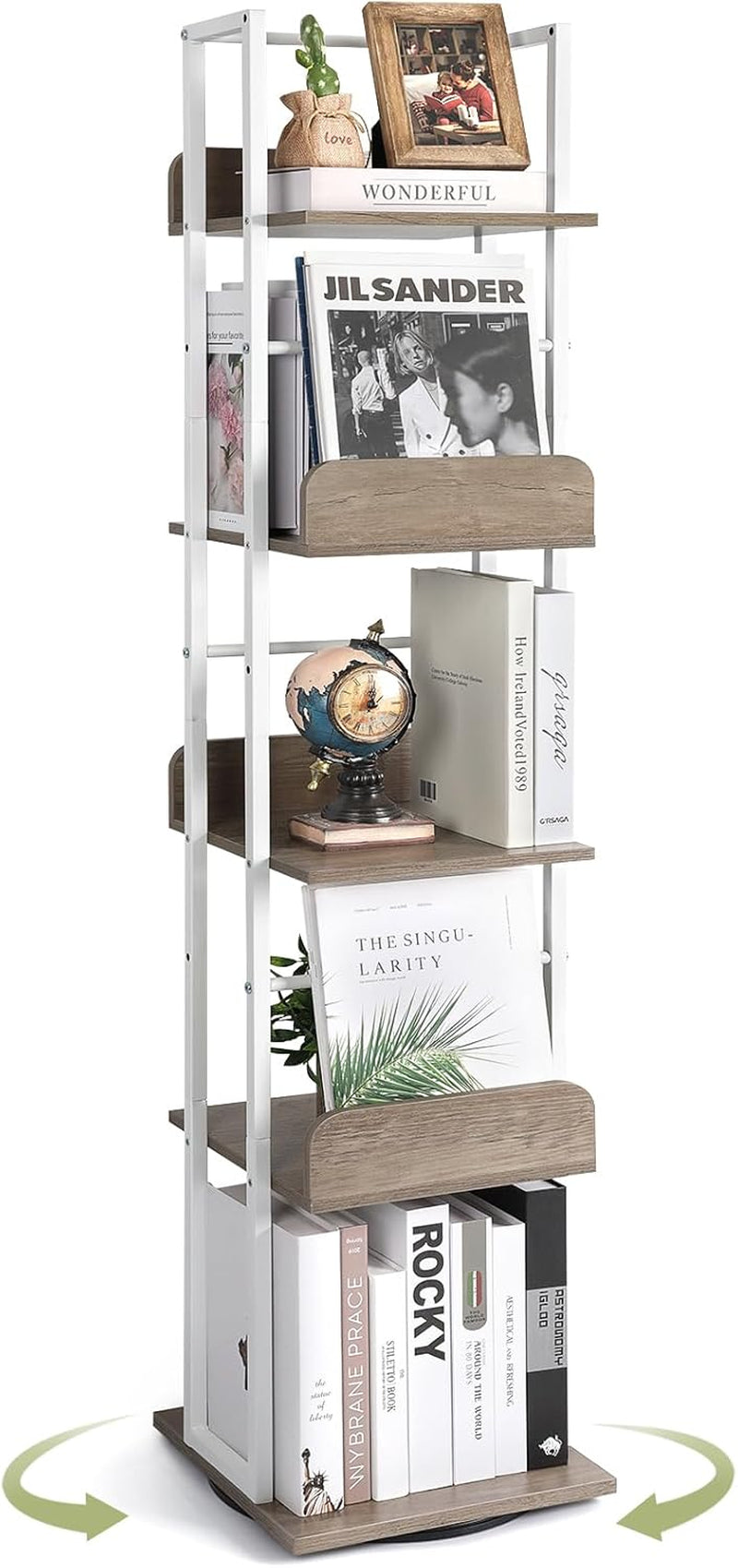 5-Tier Rotating Corner Bookshelf White Wood And Metal Slim