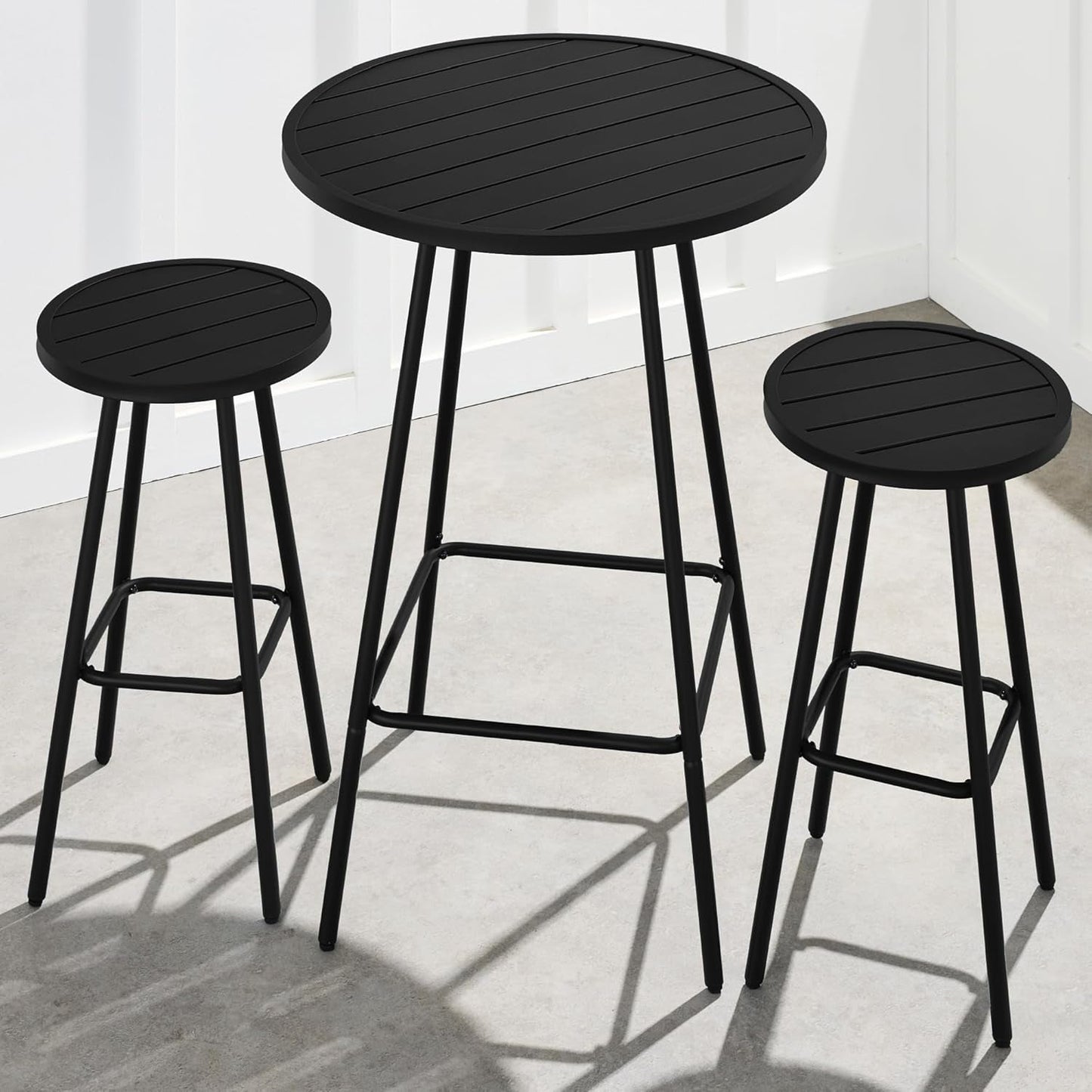 3 Piece Bar Height Patio Bistro Set Black Round Table With Backless Stools Patio Furniture Set