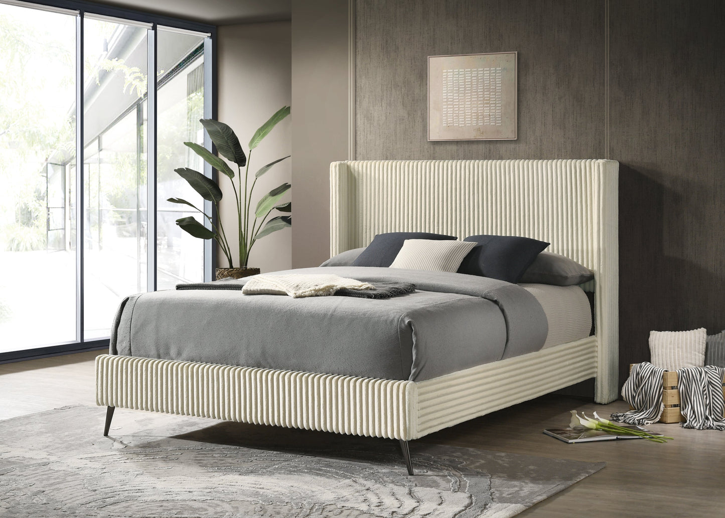 Mavela Wide Wale Corduroy Upholstery Panel Queen Bed with 2 Nightstands, Cream