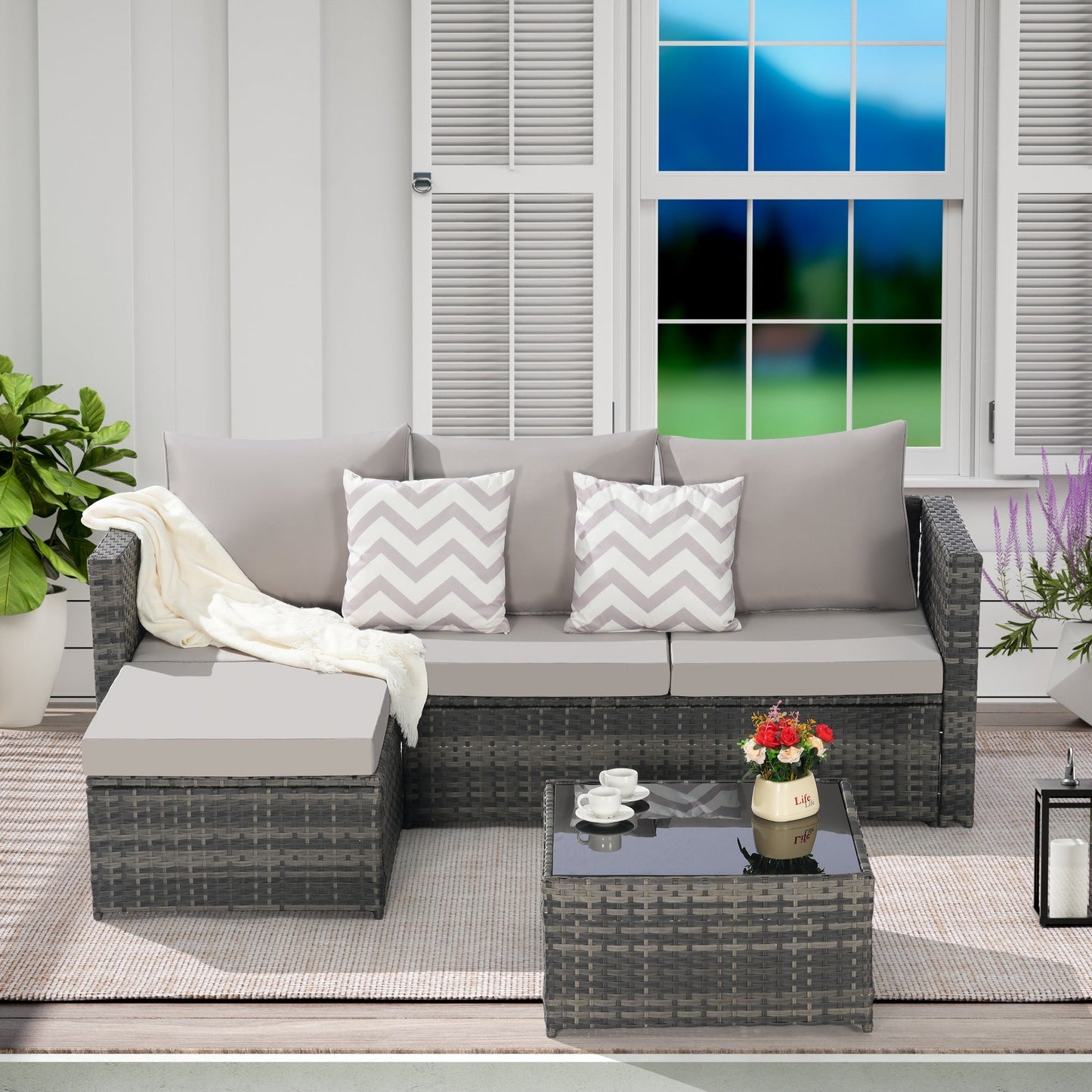 2 Pieces Patio Furniture Set with Woven Sectional and Ottoman