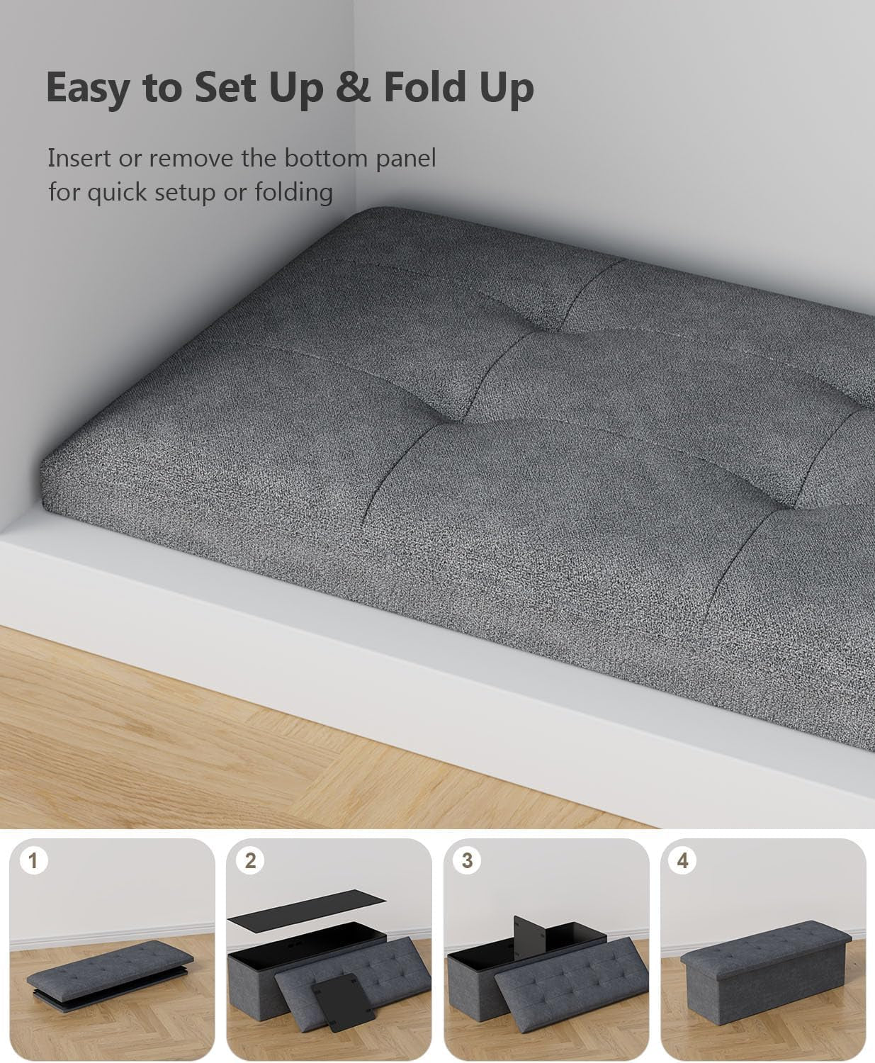 Charcoal Gray Classic Folding Storage Ottoman 43Inch