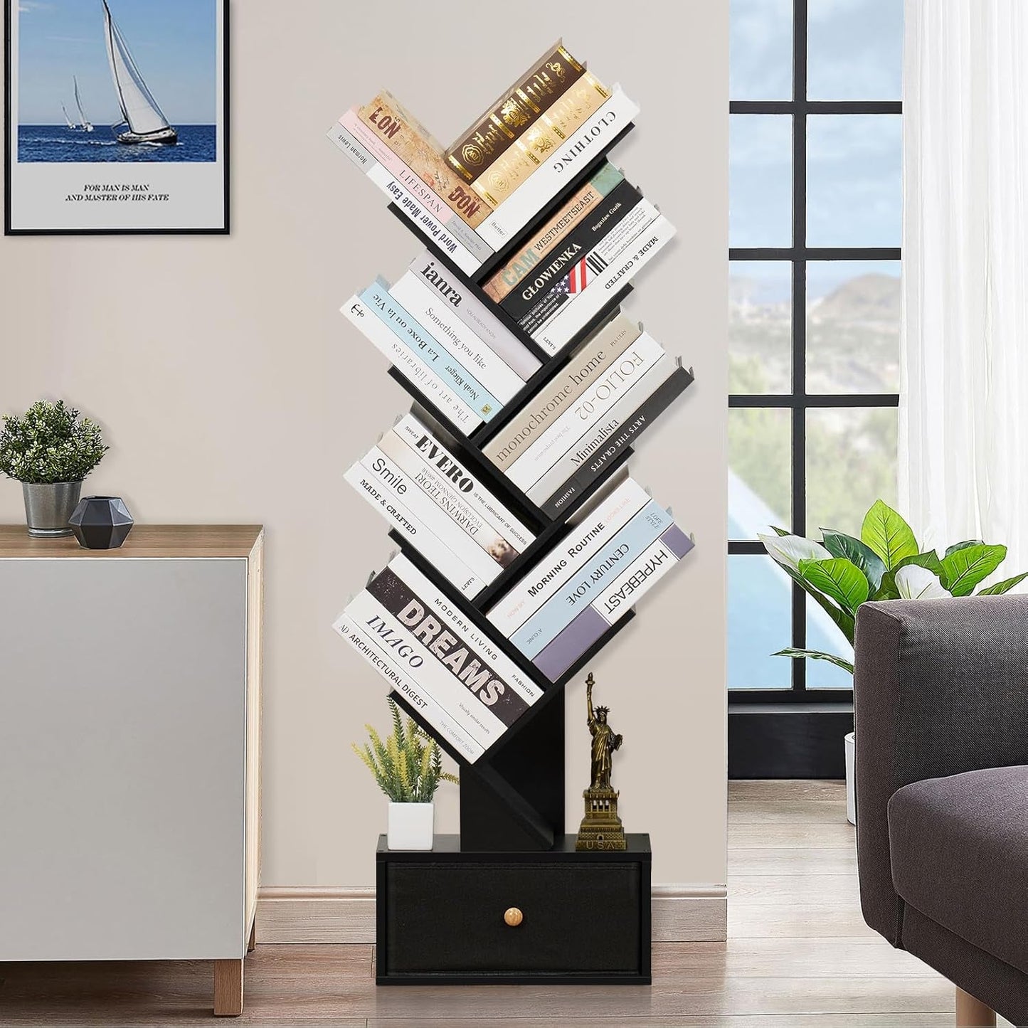 8 Tier Tree Bookshelf Drawer Freestanding Black Bookcase