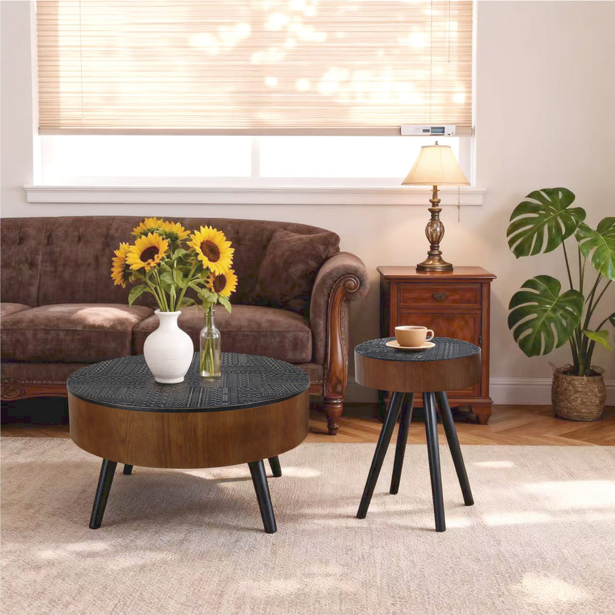 31.5" Round Carved Coffee Table with Storage Space