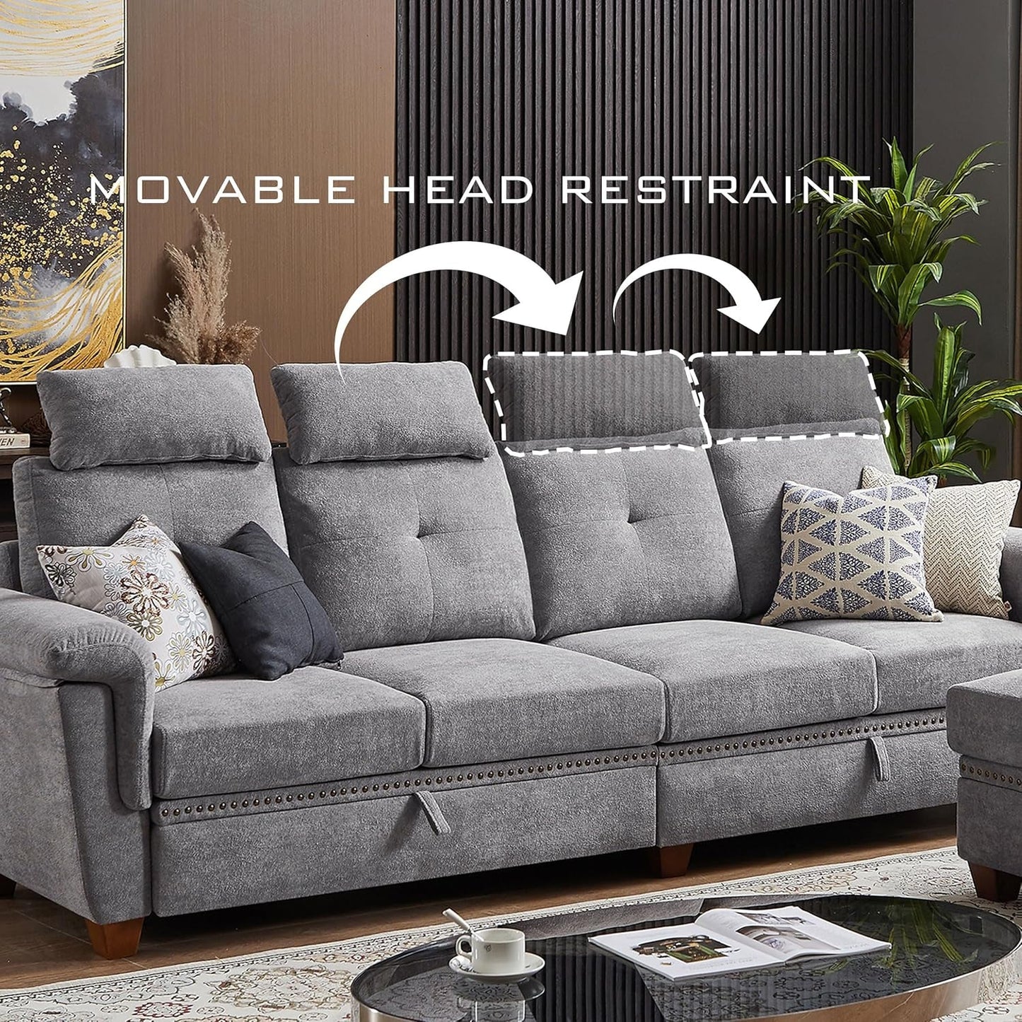 Light Grey Microfiber Sectional Sofa With Storage Ottoman
