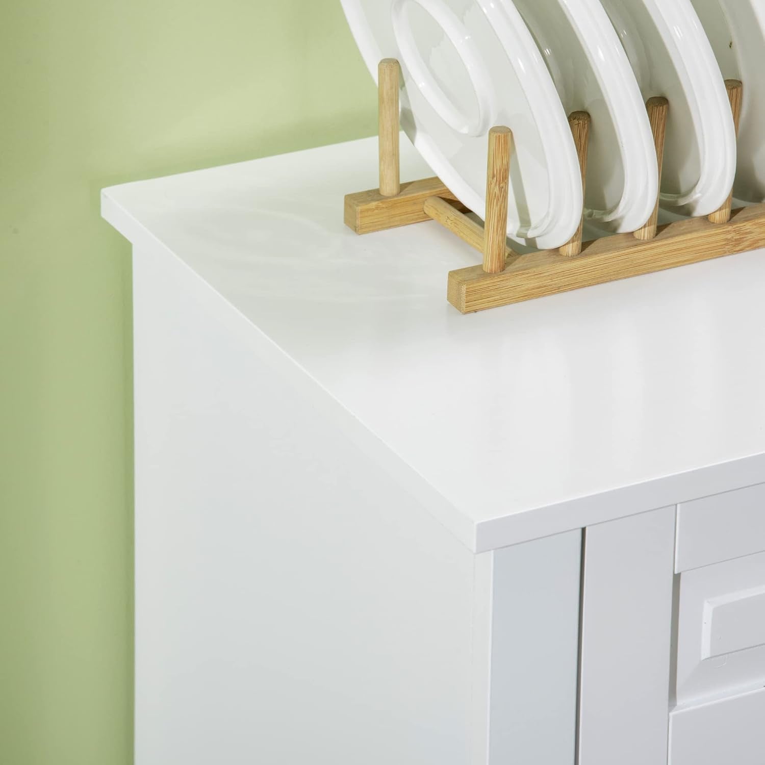 White Sideboard Buffet Cabinet top with wooden plate holder and clean surface, ideal for display and storage.