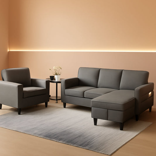 3 Piece Convertible Sofa Set With Linen Upholstery And Storage Ottoman Dark Grey