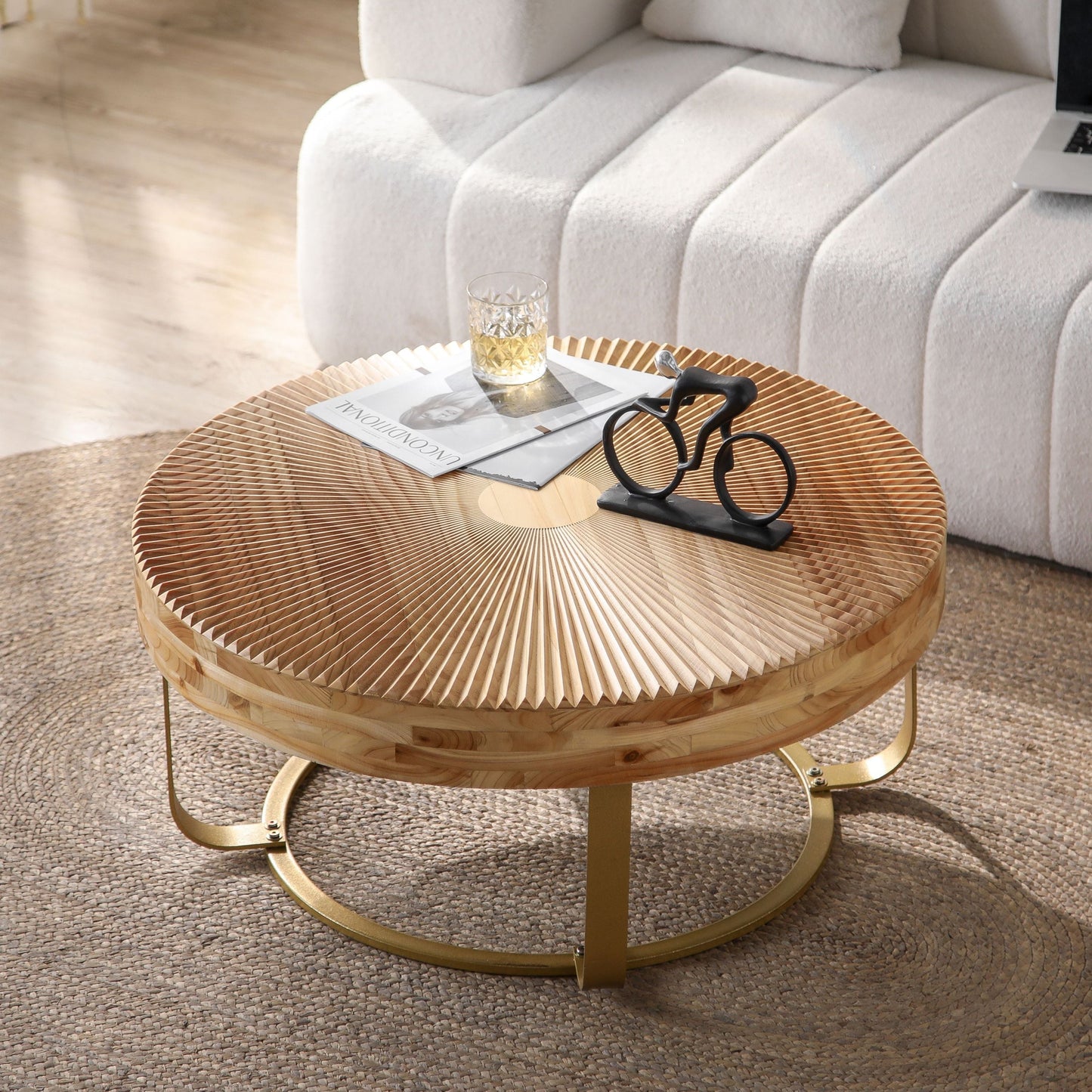 Modern Round Coffee Table with Wooden Carving Pattern and Metal Legs