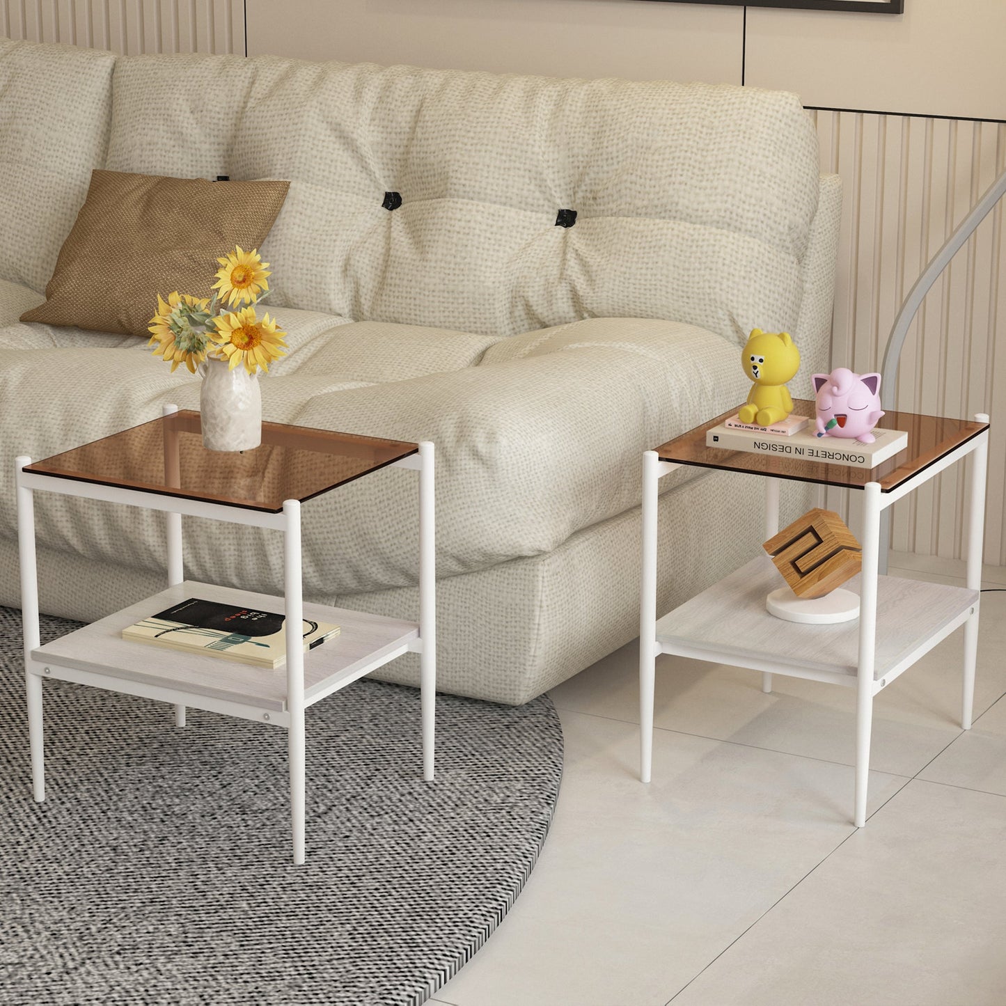Set of 2 Rectangle End Tables with Tempered Glass Top