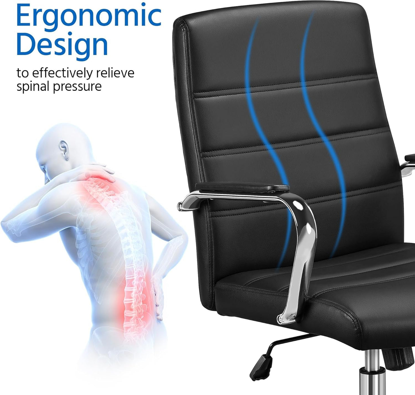 Ergonomic Mid Back Office Chair Black PU Leather With Lumbar Support