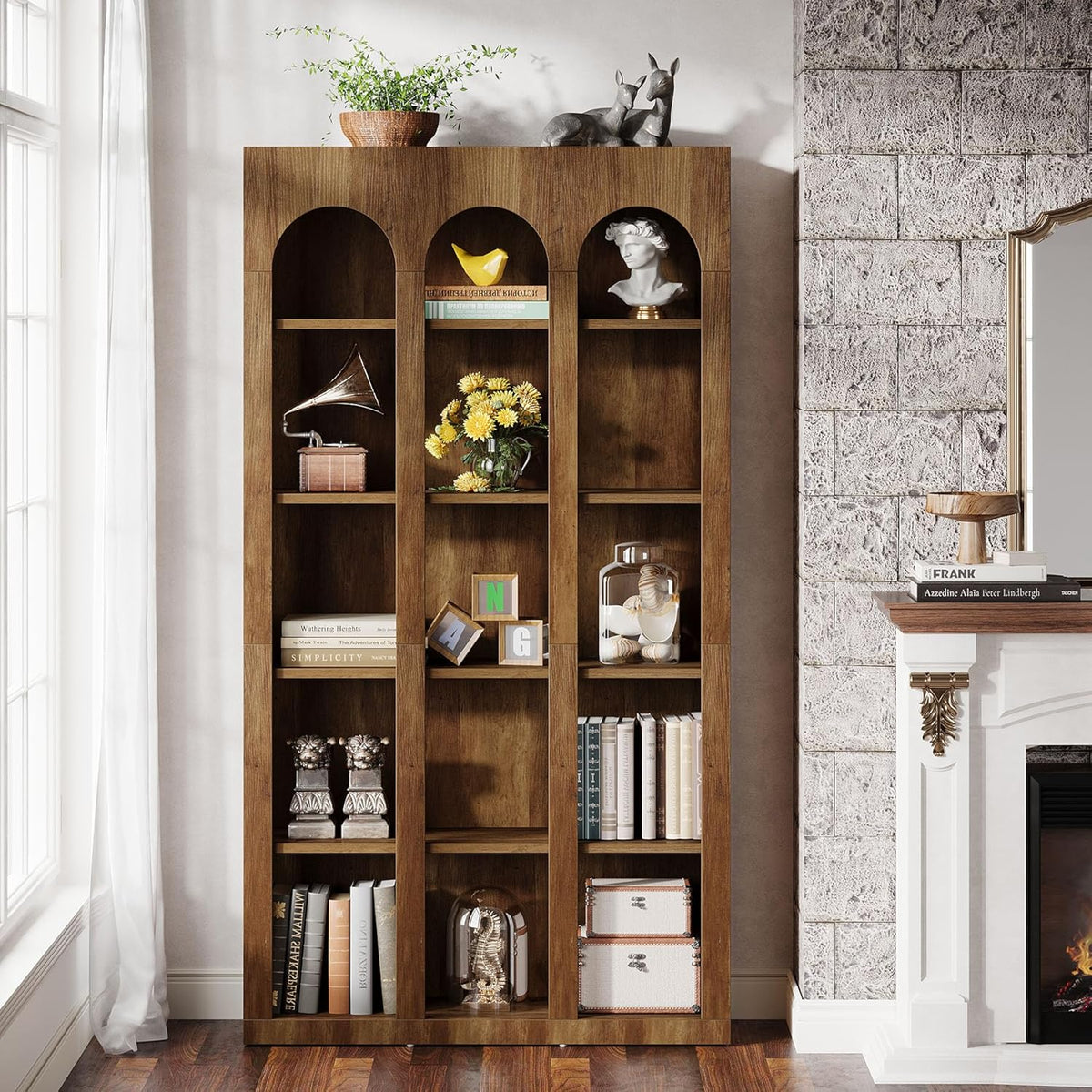 70.87" 5-Tier Rustic Brown Farmhouse Arched Bookcase