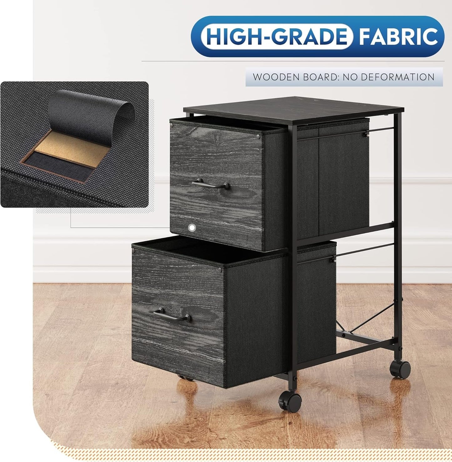 2 Drawer Mobile File Cabinet Rolling Printer Stand Charcoal Black Wood Grain Finish For Home Office