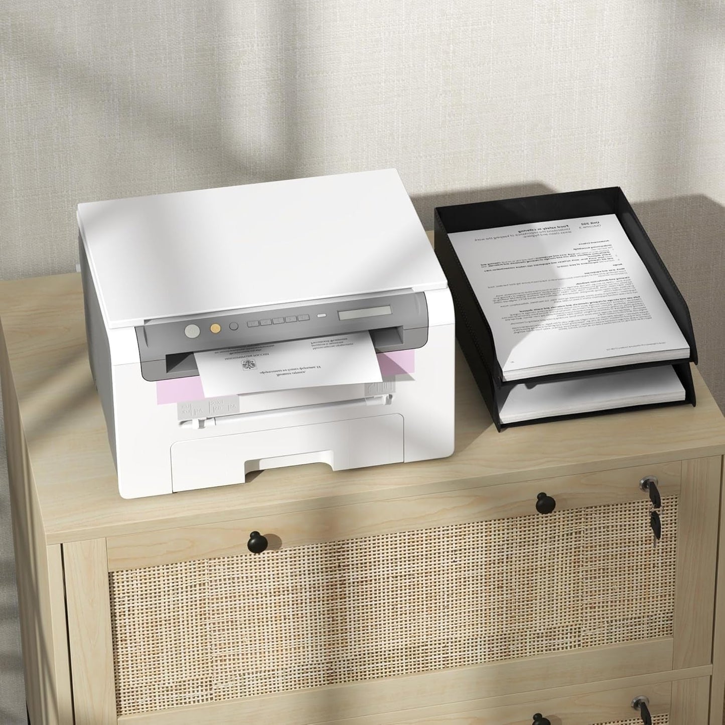 Two Drawer Rattan File Cabinet With Lock, Printer Stand And Adjustable Bars For Letter A4 Legal Files Natural Finish