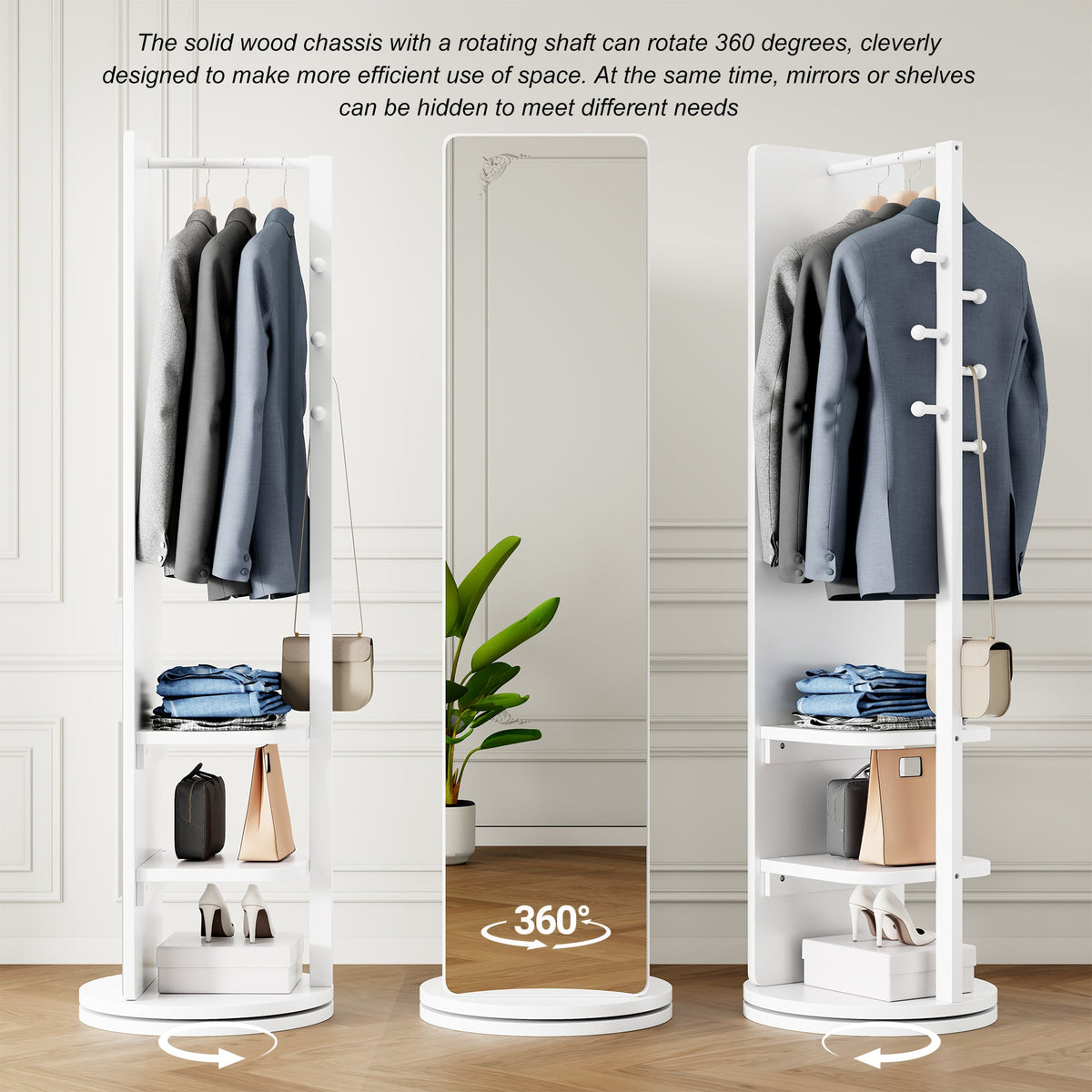 360° Rotating Full Length Mirror with Hook Storage Rack